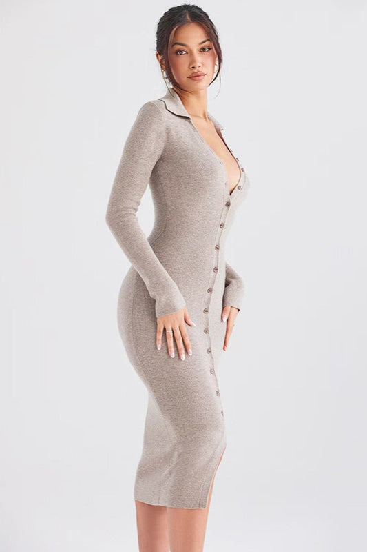 Core-Spun Yarn Knit V-Neck Long-Sleeve Bodycon Midi Sweater Dress - View 2 | VelvetHem