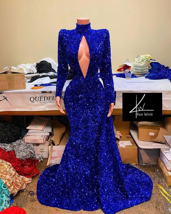 Regal Sapphire Sequined Mermaid Prom Dress with High Neck and Long Sleeves - View 2 | VelvetHem