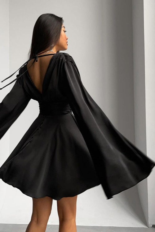 Satin Deep V Backless Flare-Sleeve Silk Dress - View 4 | VelvetHem