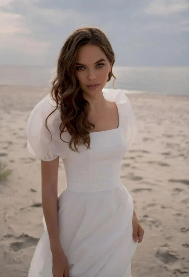 Wedding Dresses Charming A-Line Square Neck Short Sleeves with Train - View 4 | VelvetHem