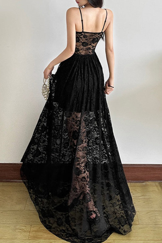 Sleeveless Ruffled Waist Maxi Lace Dress - View 8 | VelvetHem
