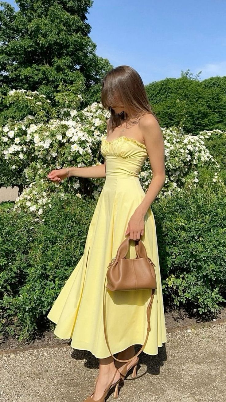 Lovely Strapless Yellow Satin Slit Evening Dress A Line Prom Dress Party Gown