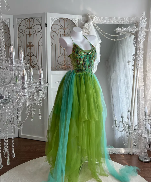 A Line Green Tulle Prom Party Dress Evening Dress Birthday Dress