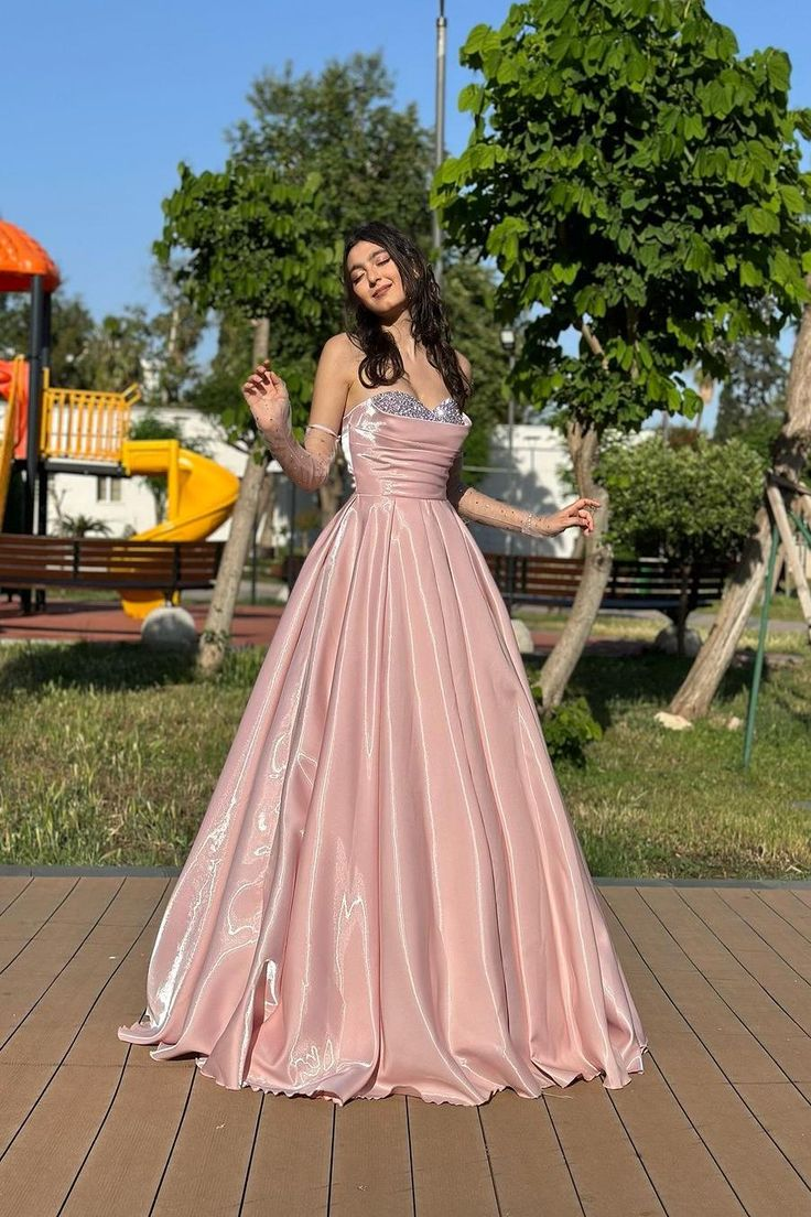 Elegant Pink Satin Beaded Evening Dress Formal Prom Dress With Gloves