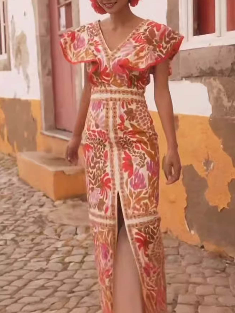Fashionable V Neck Ruffled Open Print Backless Dress