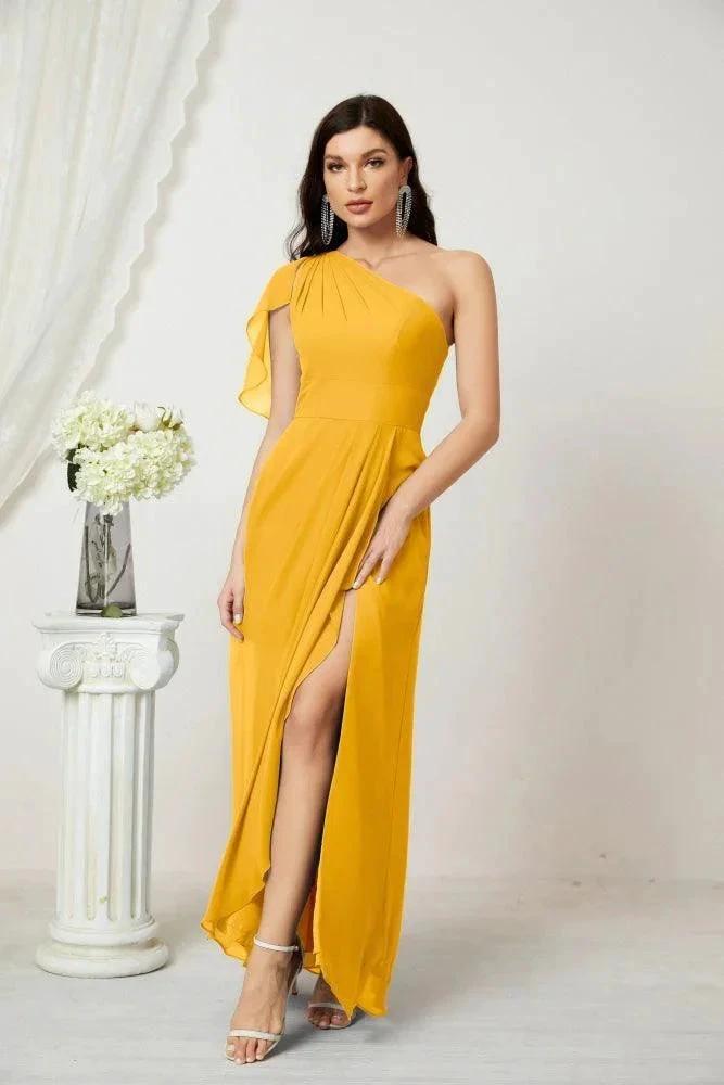 Numbersea Chiffon Ruffled One Shoulder Long Bridesmaid Dresses A-line Formal Evening Gown Side Split 2809 by numbersea