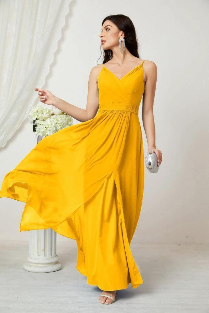 Numbersea Chiffon V-Neck Bridesmaid Dress Spaghetti Strap Long Formal Party Prom Gowns with Slit 28010 by numbersea
