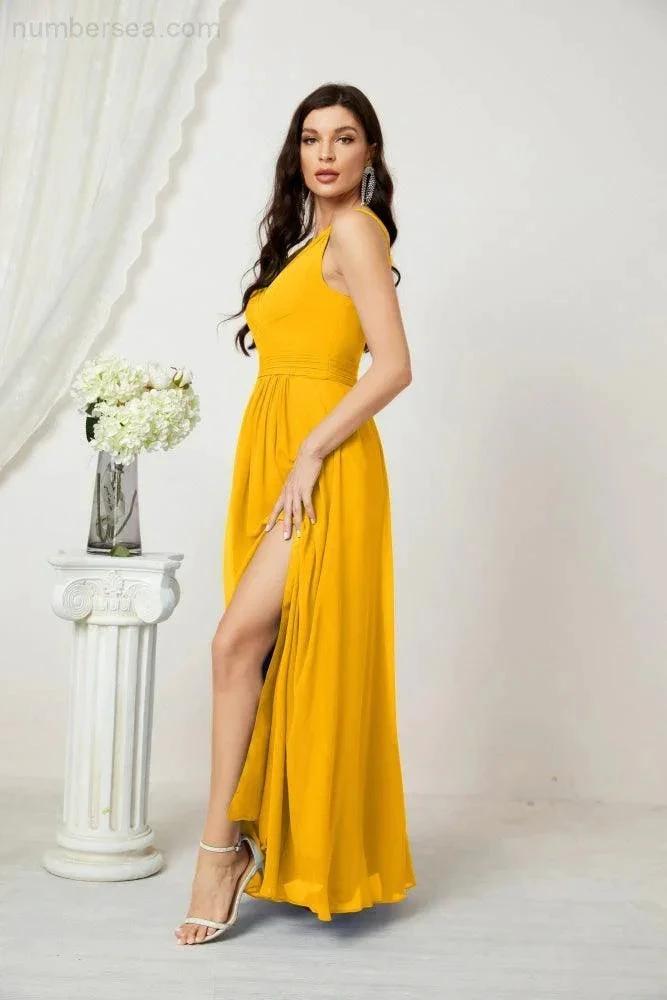 ZapDress Chiffon V-Neck Bridesmaid Dress Spaghetti Strap Long Formal Party Prom Gowns with Slit 28010 (ZD17028)