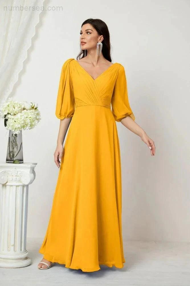 ZapDress  Formal Prom Gown Women V-Neck Chiffon Bridesmaid Dresses Long Bishop Sleeve Party Dress 2807 (ZD17027)