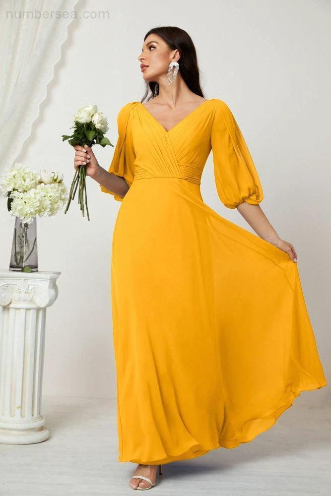 ZapDress  Formal Prom Gown Women V-Neck Chiffon Bridesmaid Dresses Long Bishop Sleeve Party Dress 2807 (ZD17027)