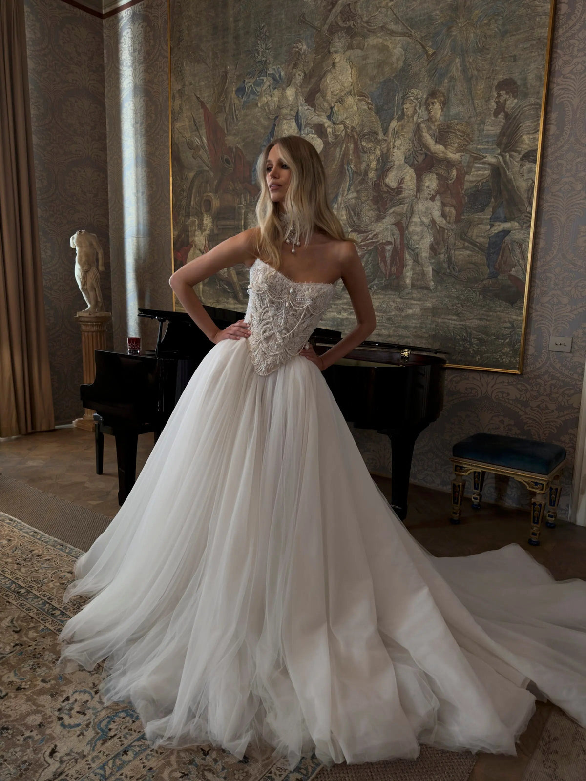 Elegant White Strapless Lace Corset Ball Gown Wedding Dress ZP100