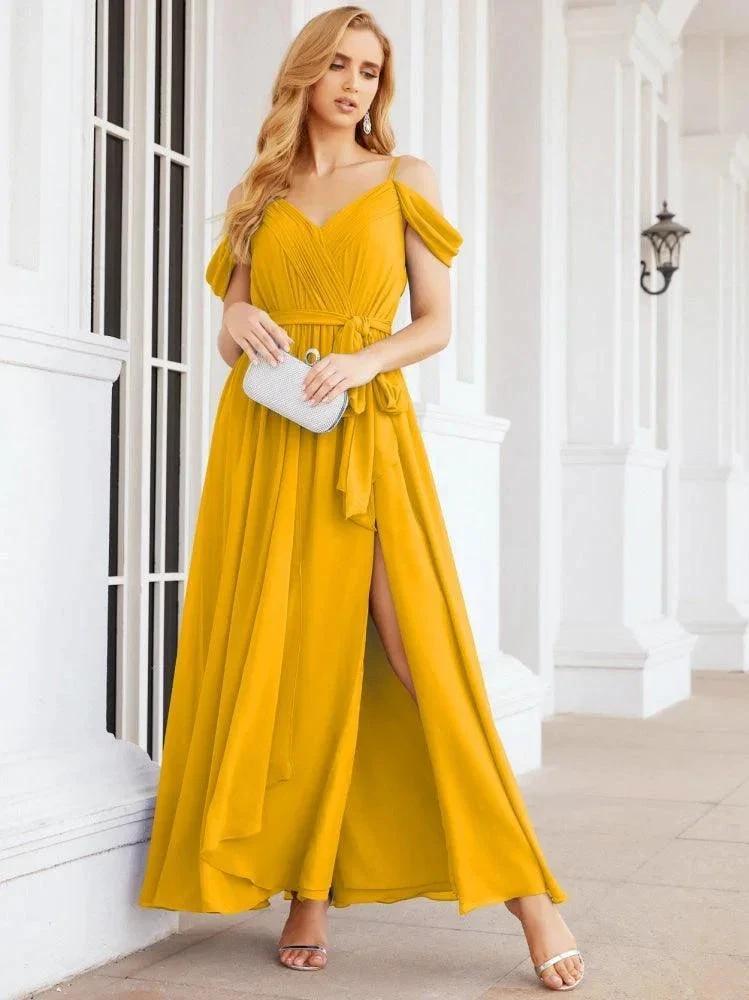 Numbersea Off The Shoulder Chiffon Bridesmaid Dress Long Formal Graduation Gown with Cowl Back 28069 by numbersea