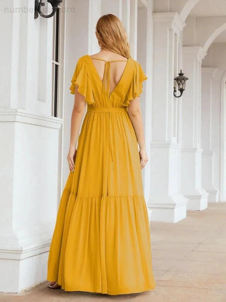 ZapDress Women's Open Back Formal Evening Party Prom Gowns V-Neck Long Chiffon Bridesmaid Dresses with Waist Belt 28038 (ZD17000)