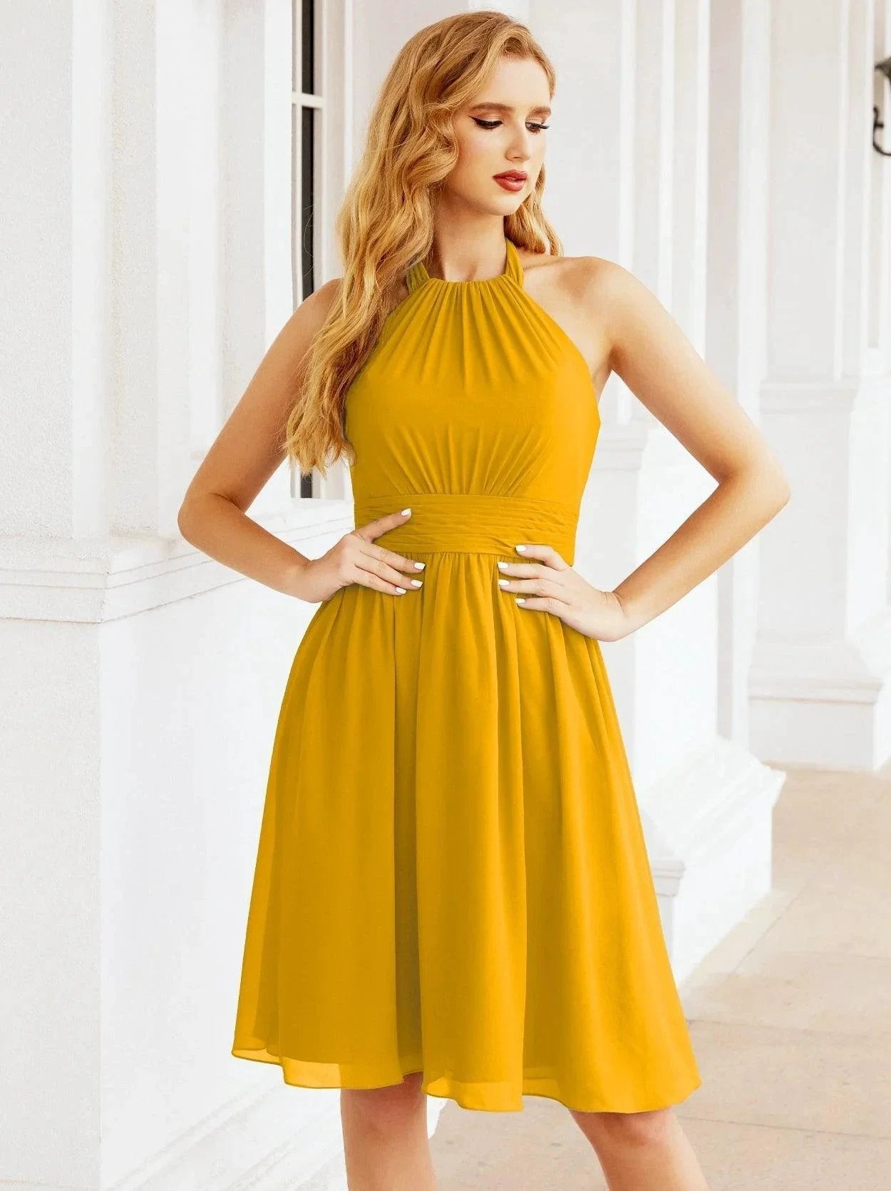 ZapDress Halter Chiffon Bridesmaid Dresses Short Sleeveless Formal Party Dress Open Back 28023 (ZD16957)