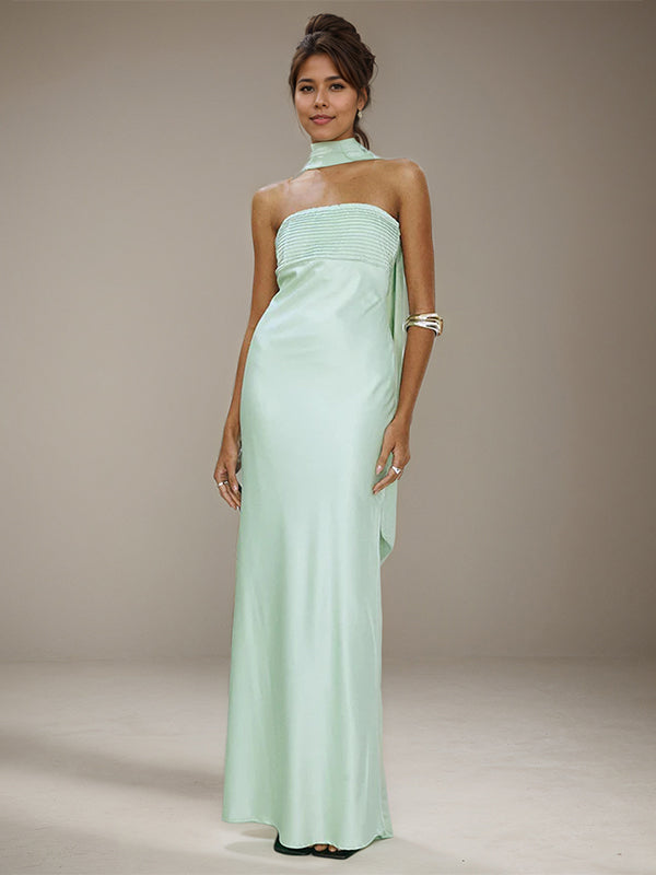 Mint Green Satin Halter Neck Sleeveless Floor Length Formal Dress
