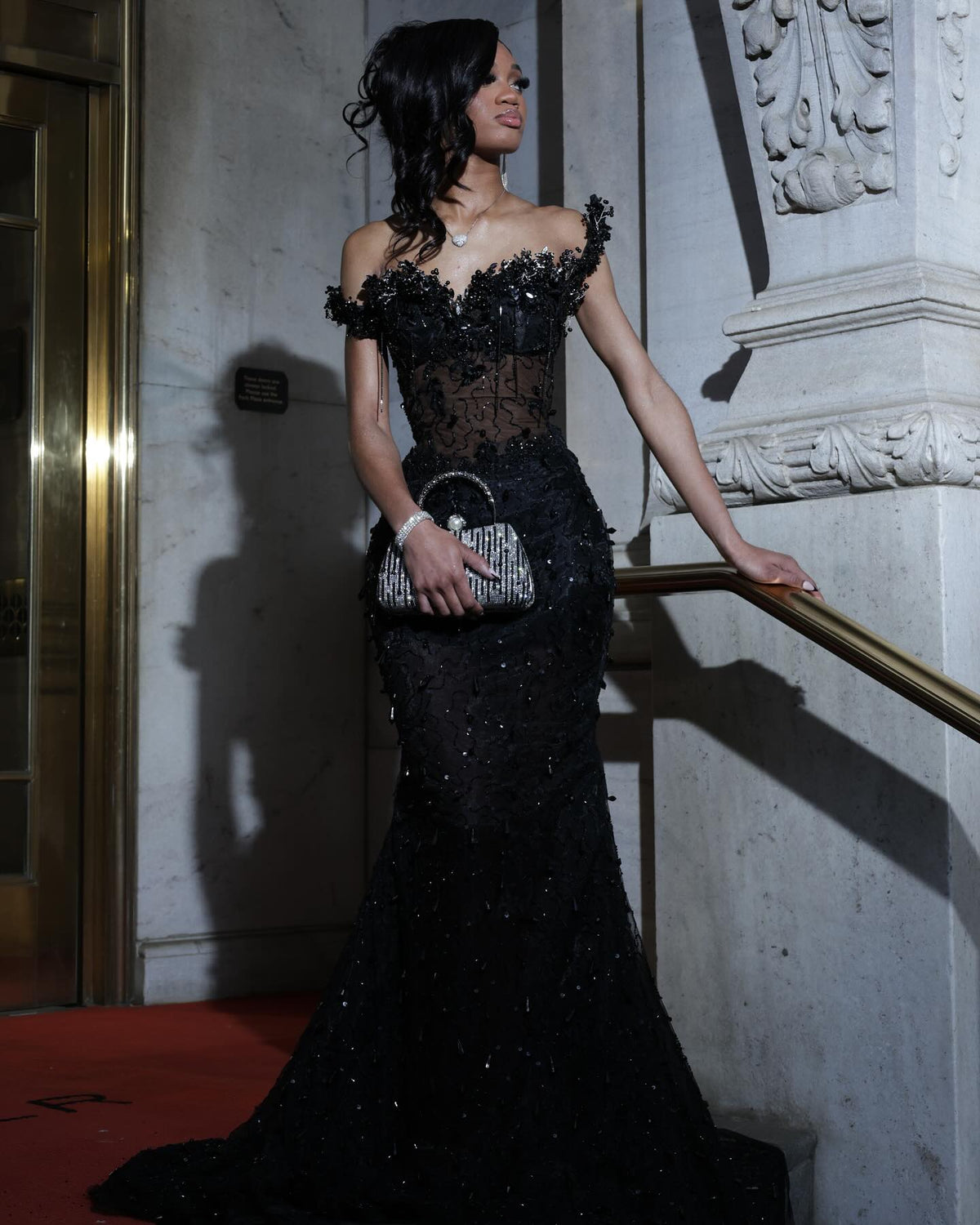 Luxury Black Sequin Mermaid Prom Dress – Illusion Corset Bodice with 3D Beaded Lace & Off-the-Shoulder Detail | 2026 Gothic Glamour Evening Collection (ZD17397)