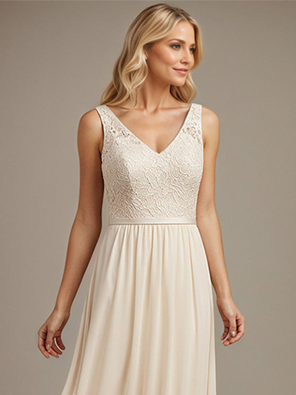 Dusty Blue A-line V Neck Floor-Length Lace Chiffon Mother of the Bride Dress