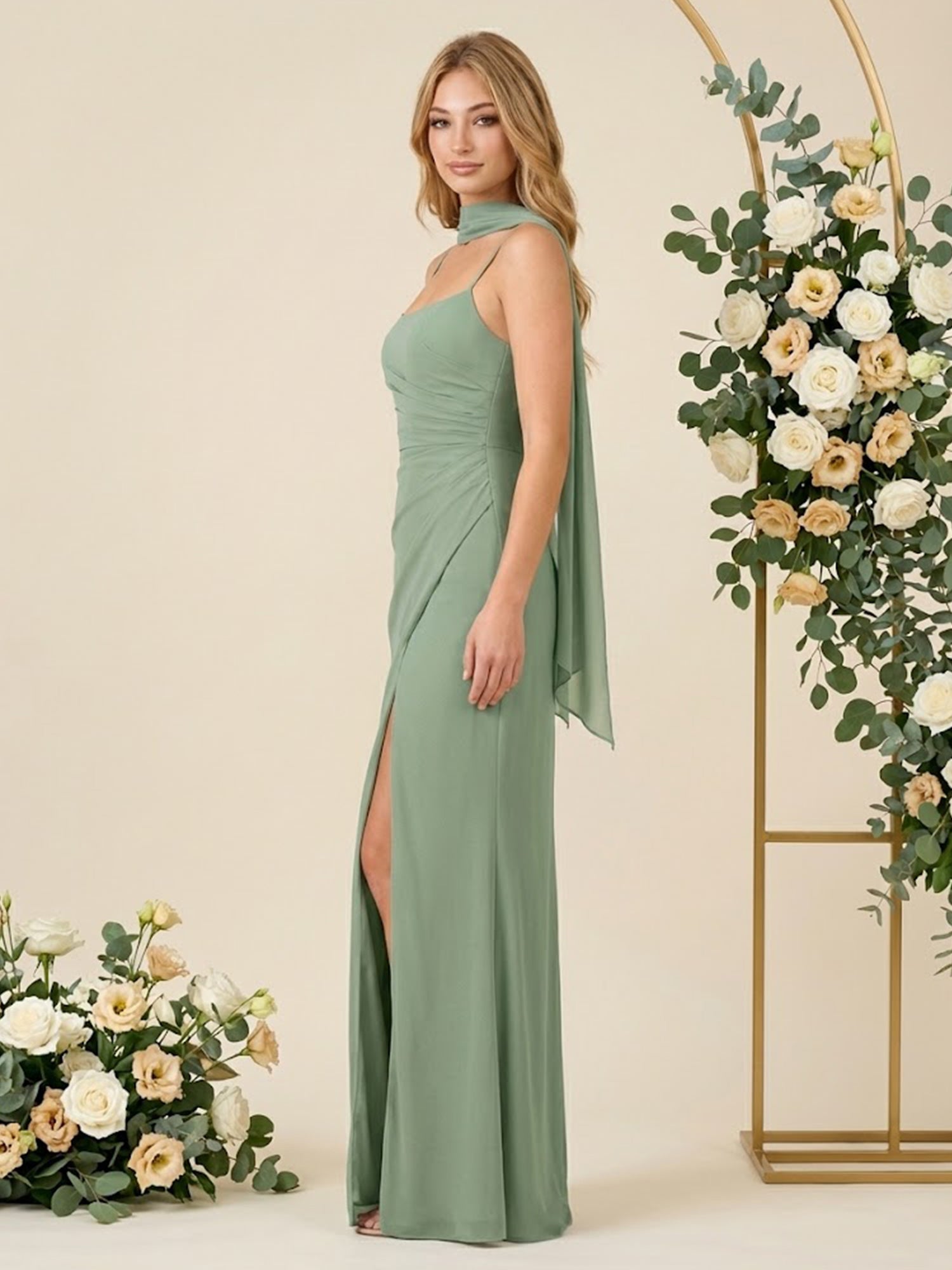 Mermaid Chiffon Spaghetti Straps Scarf Long Bridesmaid Dresses with Slit