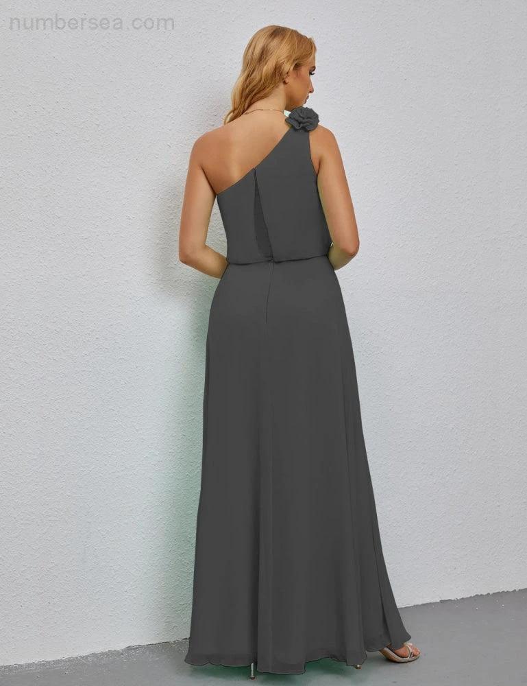 Ruffled One Shoulder Sleeveless Long Bridesmaid Dresses A-line Formal Evening Gown Side Split 28080 (ZD17018)