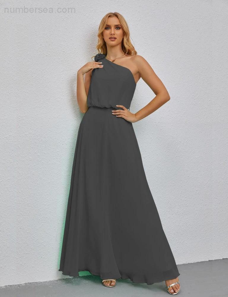 Ruffled One Shoulder Sleeveless Long Bridesmaid Dresses A-line Formal Evening Gown Side Split 28080 (ZD17018)