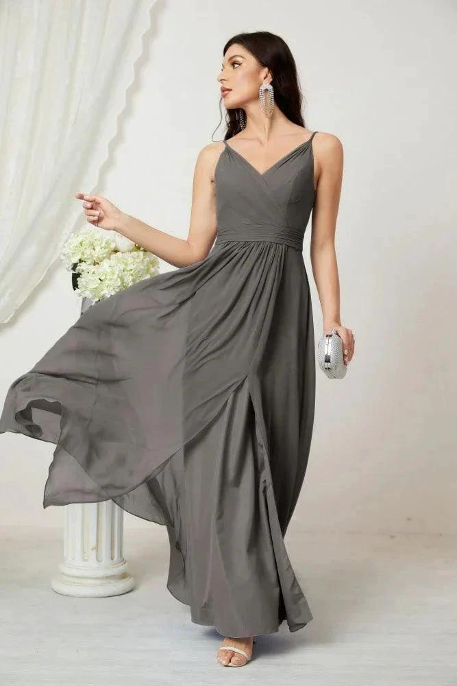 Numbersea Chiffon V-Neck Bridesmaid Dress Spaghetti Strap Long Formal Party Prom Gowns with Slit 28010 by numbersea