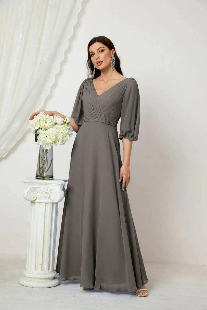 Numbersea Formal Prom Gown Women V-Neck Chiffon Bridesmaid Dresses Long Bishop Sleeve Party Dress 2807 by numbersea