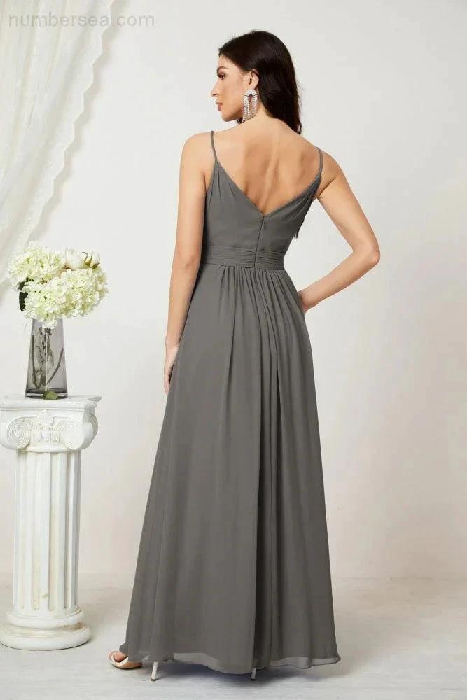 ZapDress Chiffon V-Neck Bridesmaid Dress Spaghetti Strap Long Formal Party Prom Gowns with Slit 28010 (ZD17028)