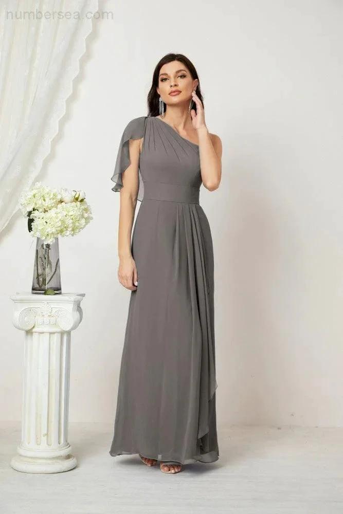 ZapDress  Chiffon Ruffled One Shoulder Long Bridesmaid Dresses A-line Formal Evening Gown Side Split 2809 (ZD17049)