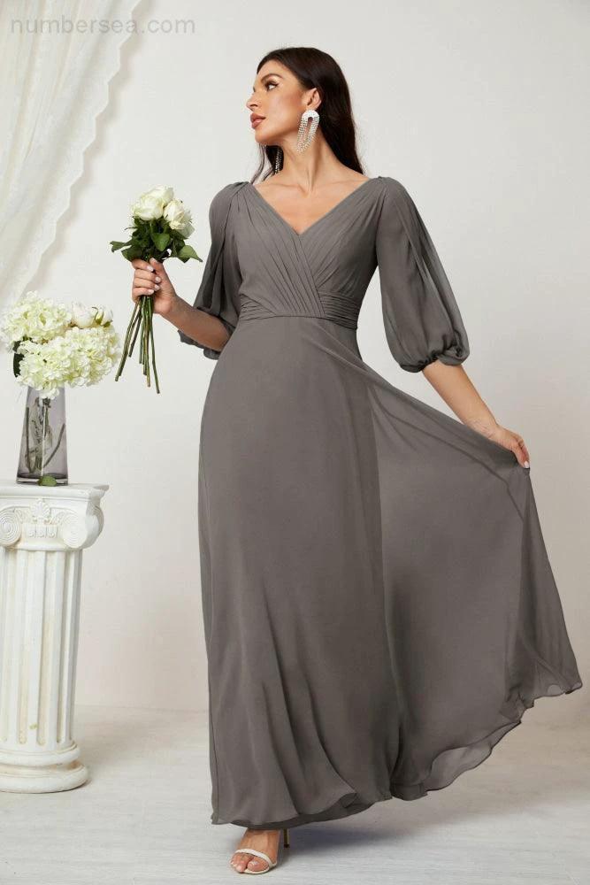 ZapDress  Formal Prom Gown Women V-Neck Chiffon Bridesmaid Dresses Long Bishop Sleeve Party Dress 2807 (ZD17027)