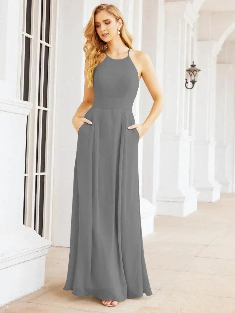 Numbersea Halter Bridesmaid Dresses with Pockets Sleeveless Formal Evening Party Prom Gowns 28055 by numbersea