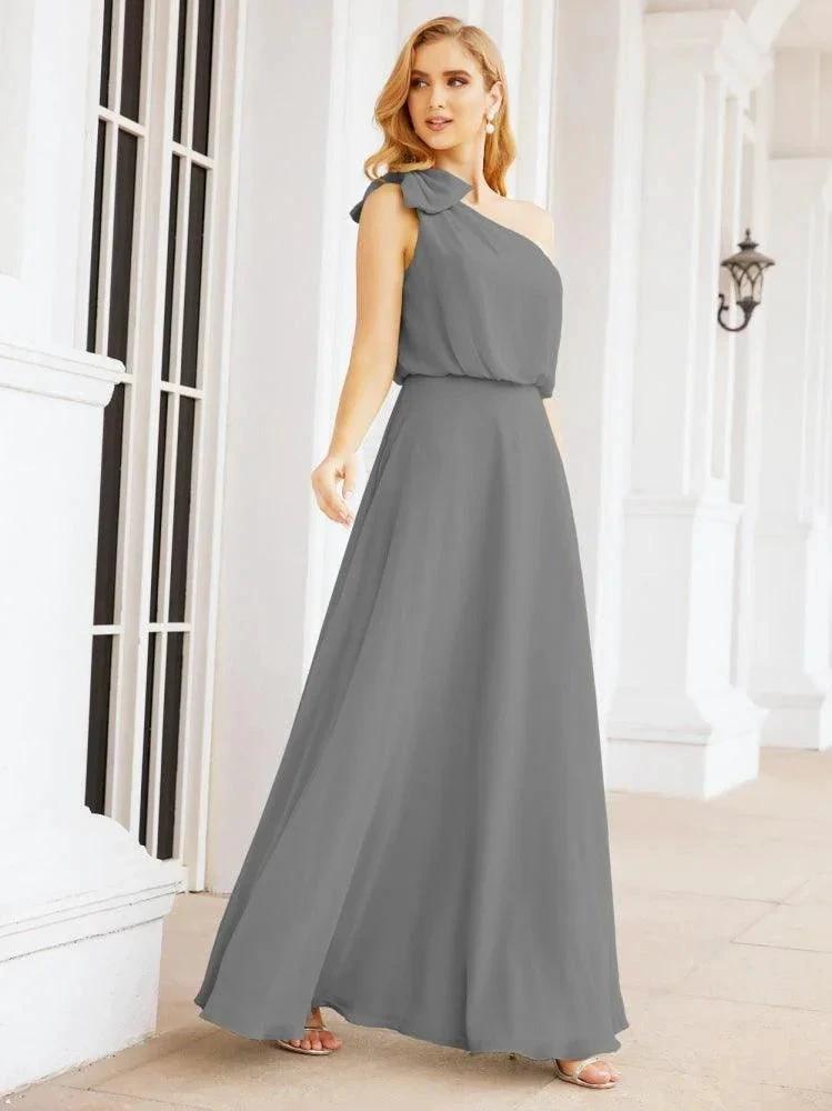Numbersea Chiffon Ruffled One Shoulder Sleeveless Long Bride Dresses A-line Formal Evening Gown Side Split 28057 by numbersea