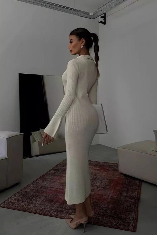 Collar Button Down Knit Fitted Bodycon Split Long Sweater Dress - View 2 | VelvetHem