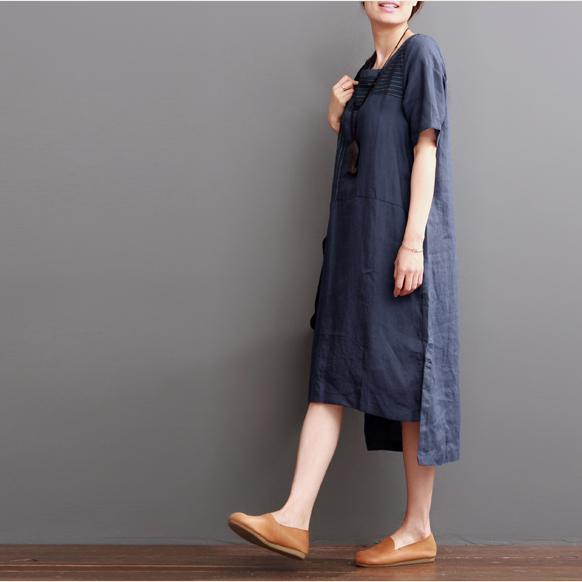 Navy linen dresses for summer patchwork asymmetrical desgin sundress