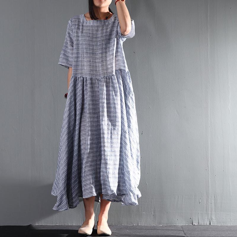 blue striped linen summer maxi dresses layered plus size sundress casual style