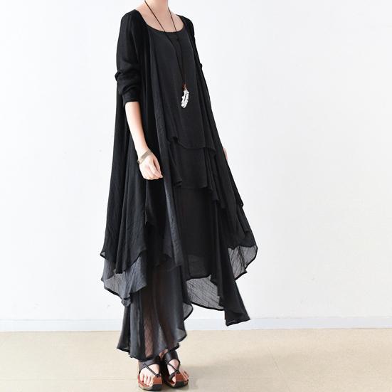 Fall Black Cotton Dresses Flowy Cardigan With Asymmetrical Layered Dress Inside Two Pieces