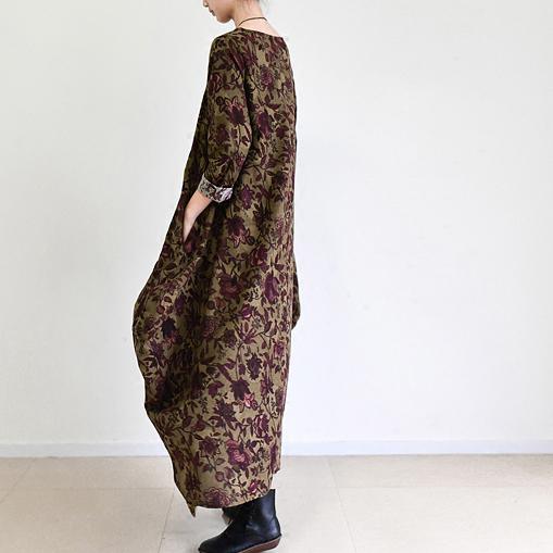 Fall Brown Baggy Long Sleeve Linen Dresses Long Cotton Maxi Dress
