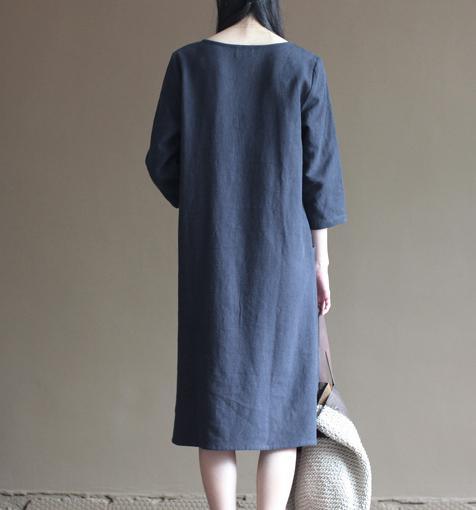 half sleeve navy linen dress summer spring maxi dresses casual style