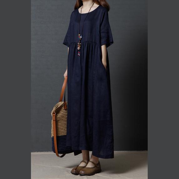Navy Casual Linen Dresses Plus Size High Waist Sundress Short Sleeve Maxi Dress