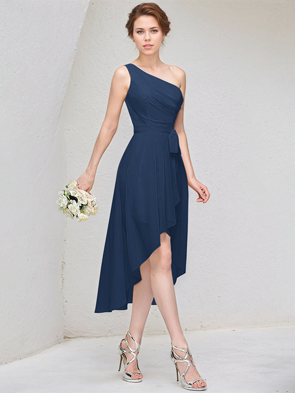 Dark Navy A Line One Shoulder Sleeveless Asymmetrical Chiffon Bridesmaid Dress