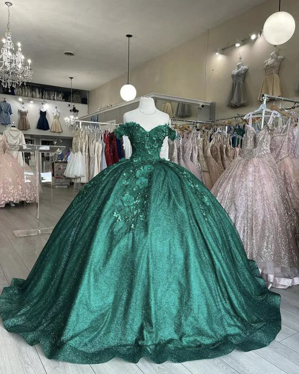 Off The Shoulder Ball Gown Green Sweet 16 Dress
