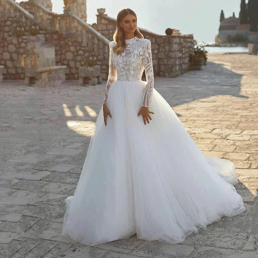 Grace Pretty luxury Princess Wedding Dresses Modest O Neck Long Sleeves Muslim Bride Dresses Bridal Gown vestidos de novia by payinti