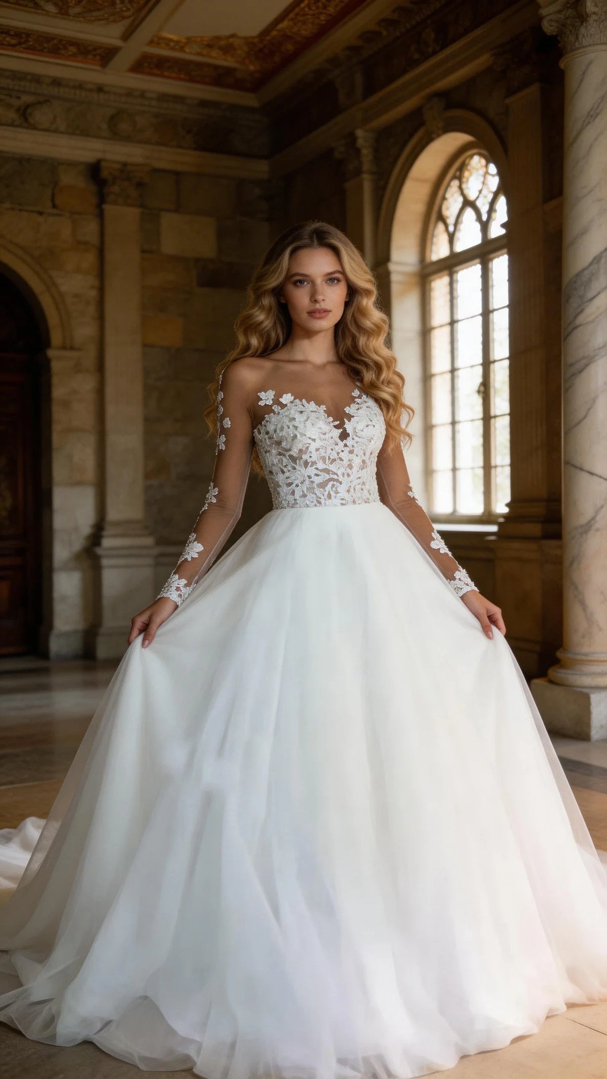 White illusion-scoop wedding dress with lace appliques, sheer back, full tulle skirt and long lace sleeves.
