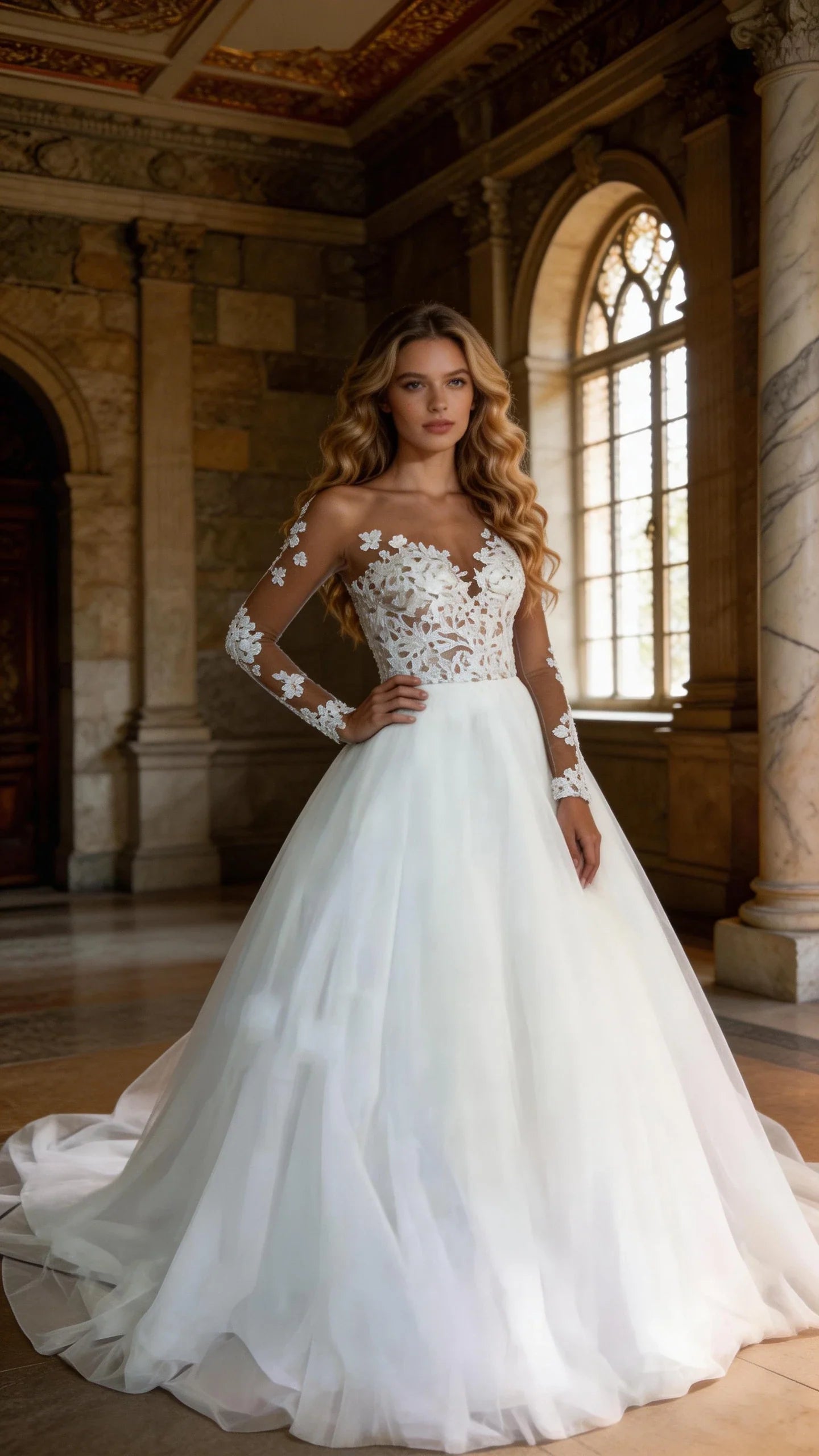 2025 Illusion Scoop Long Sleeve Wedding Dresses Lace Appliques Sheer Back White/ Ivory Tulle Wedding Dress Lace Wedding Gowns (ZD13288)