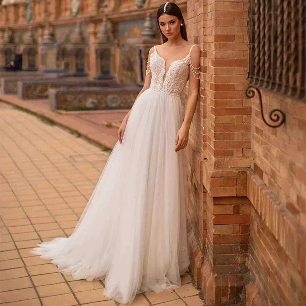 Modern Pearls Chain Wedding Dresses Tulle Appliqued Lace Engagement Bridal Party Bride Gowns Robes De Mariée Custom Made by payinti