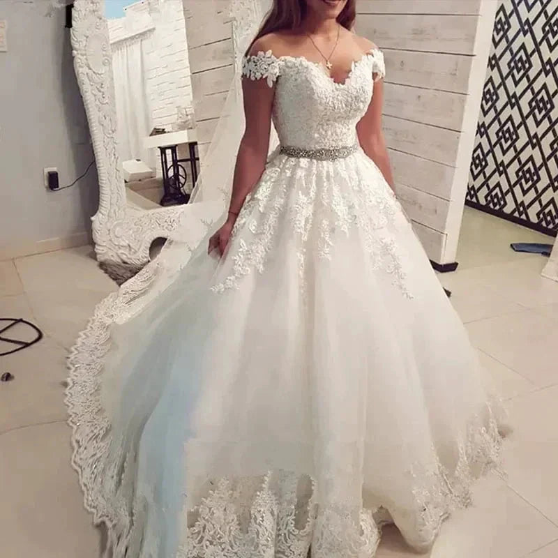 Off Shoulder Embroidery Charming Sweetheart White Wedding Dress Custom Made Size Ball Gown Wedding Dresse by payinti