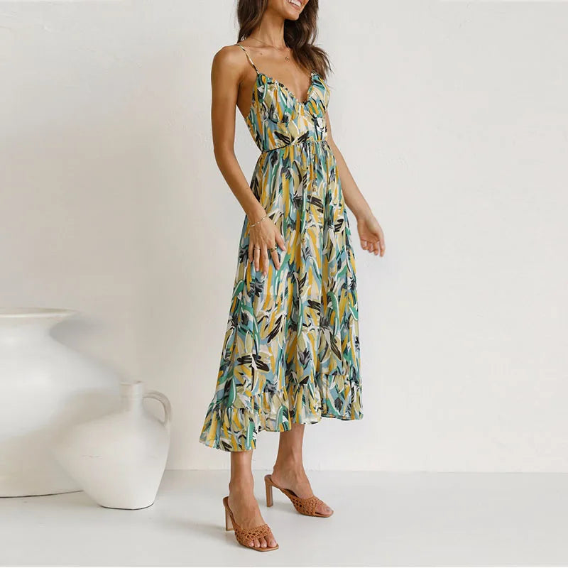 Summer Fashion Elegant VNeck Backless Sling Boho Dress