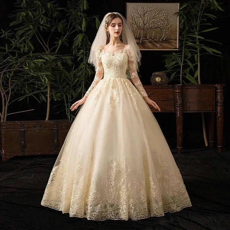 Wedding Dresses Muslim Champagne Full Sleeve Lace Bridal New Luxury Ball Gown Wedding Dress Vestido De Noiva (ZD13568)
