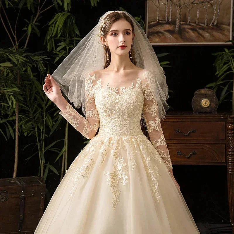 Wedding Dresses Muslim Champagne Full Sleeve Lace Bridal New Luxury Ball Gown Wedding Dress Vestido De Noiva (ZD13568)
