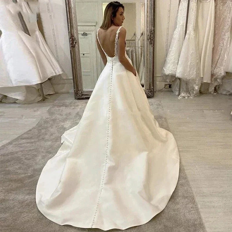 White Satin A Line Bridal Gowns Sexy Deep V Neck Wedding Dress Boho Vestido De Noiva Simple Appliques Back Less With Pocket by payinti