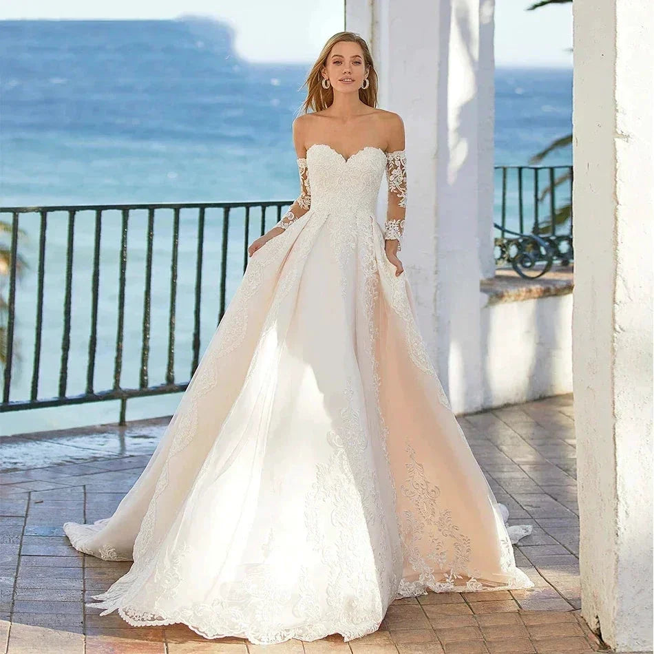 Word Wedding Dresses Women's Elegant Bohemian Beaded Sweetheart Princess Off Shoulder Long Sleeve Lace Applique Bride Gowns by payinti